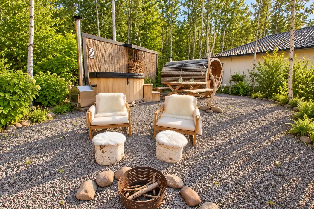 Wellness area with hot tub, sauna and firepit